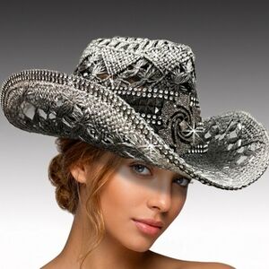Beloved Millinery Fabulous Couture Silver Black Embellished Straw Cowboy Hat NWT